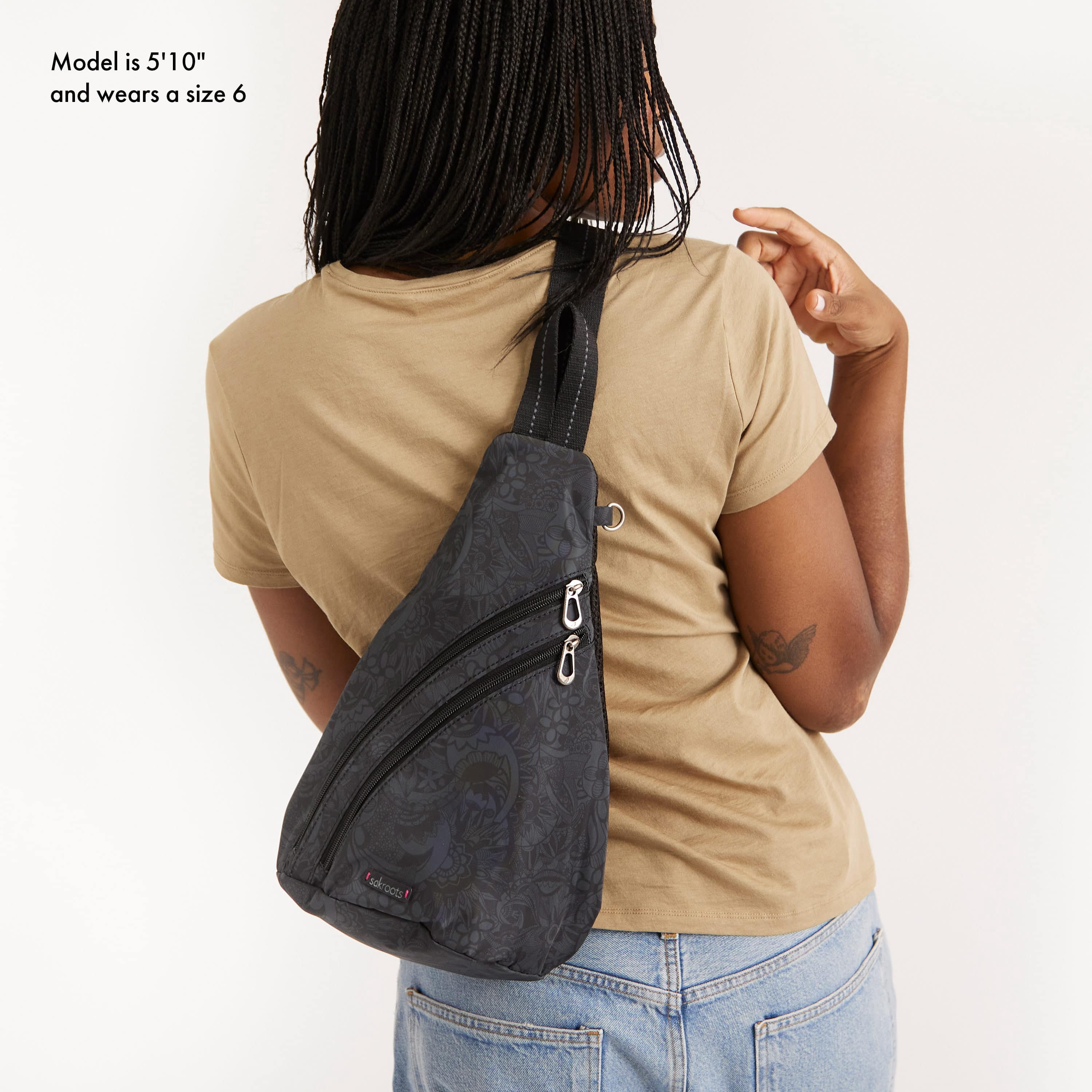 Sakroots Sling Backpack - Women's Shoulder or Crossbody Bag With Multiple Zipper Pockets - "Black Spirit Desert"