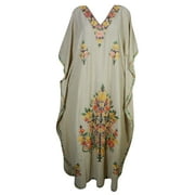 Mogul Beige Embroidered Nightwear Long Beach Caftan Dress Kimono Sleeve Kashmiri Kaftan