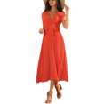 thumbnail image 4 of INSPIRE CHIC Women's Dress Cap Sleeves Wrap V Neck Flowy Ruffle Pleated Casual with Belt Midi Dresses M Orange Red, 4 of 6