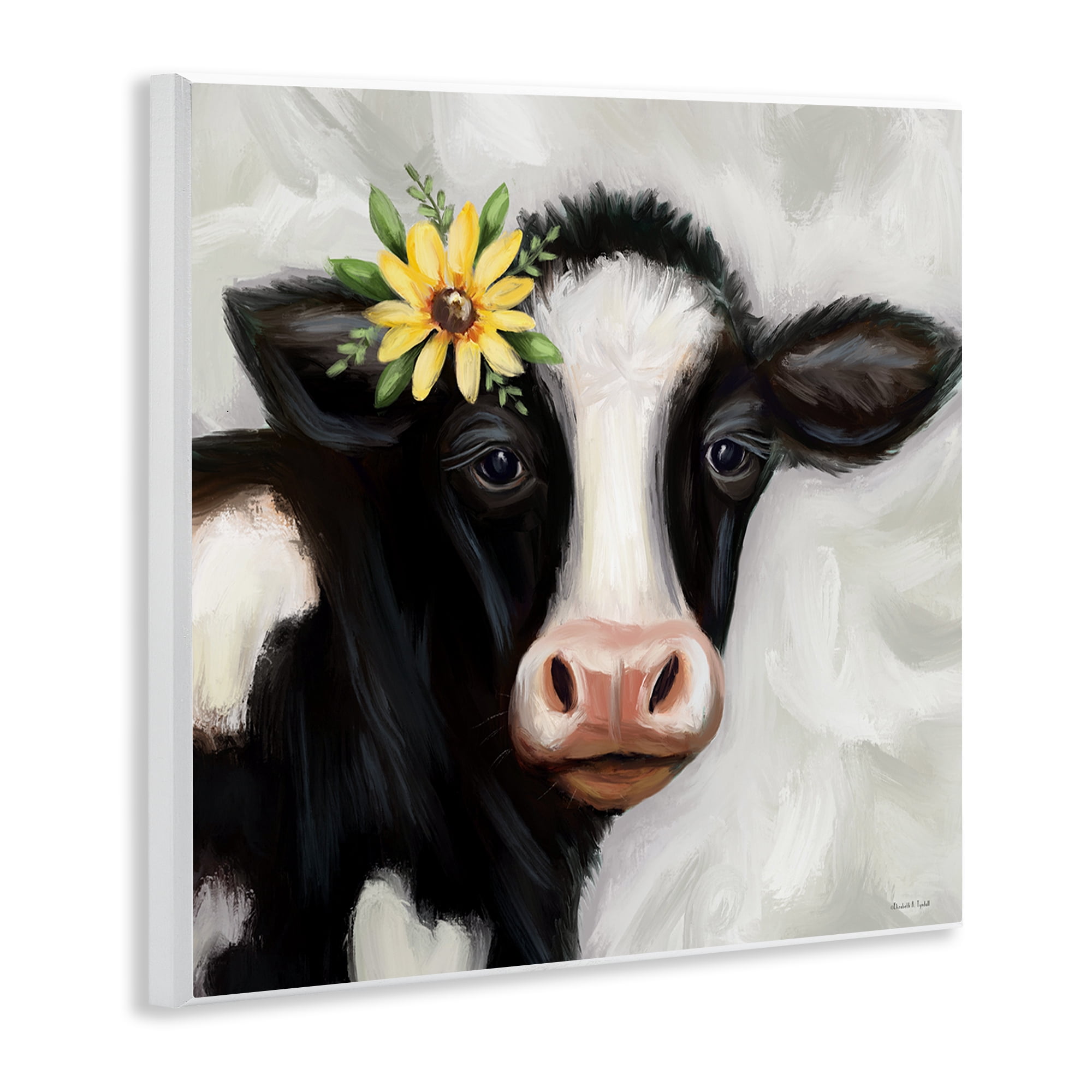 Stupell Industries Cow with Yellow Daisy Animals & Insects Painting Unframed Art Print Wall Art, 12 x 12