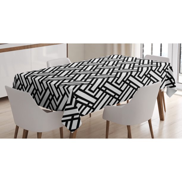 Black and White Tablecloth, Monochrome Interlocking Stripes Pattern