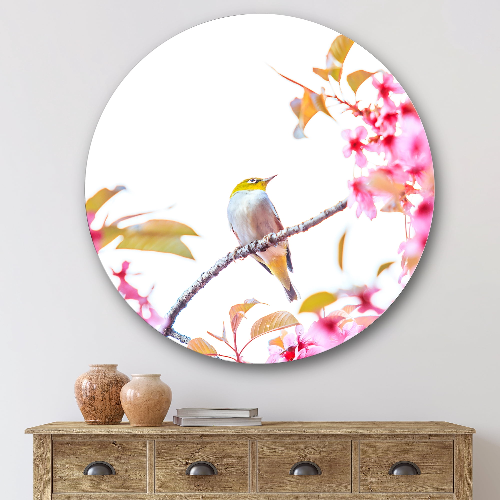 Designart 'Bird Sitting On Cherry Blossom' Traditional Circle Metal Wall Art 29x29 - Disc of 29