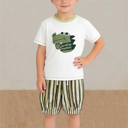 Bxsruta Boys Short Sleeve T-Shirt and Striped Shorts Set Cartoon Lion Print Casual Outfit