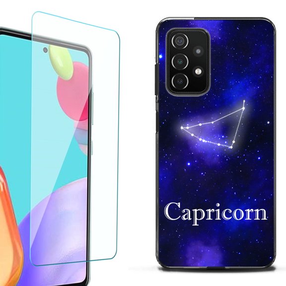 Slim-Fit Flexible TPU Gel Phone Case (black) for Samsung Galaxy A52 5G, with Tempered Glass Screen Protector, by OneToughShield ® - Zodiac / Capricorn
