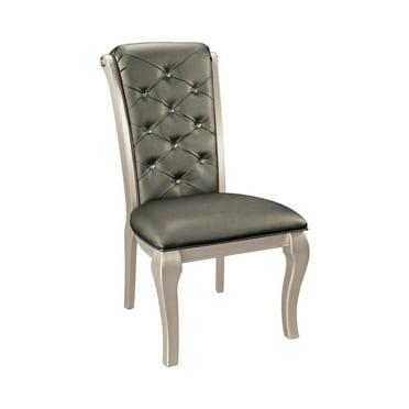 Dining Side Chairs Set of 2pc Silver Finish Wood Frame Gray Faux Leather Upholstered Crystal Button-Tufted Back