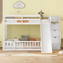 White Pine Twin Over Full Bunk Bed Having a Slide, Storage Staircase and Safety Guardrails