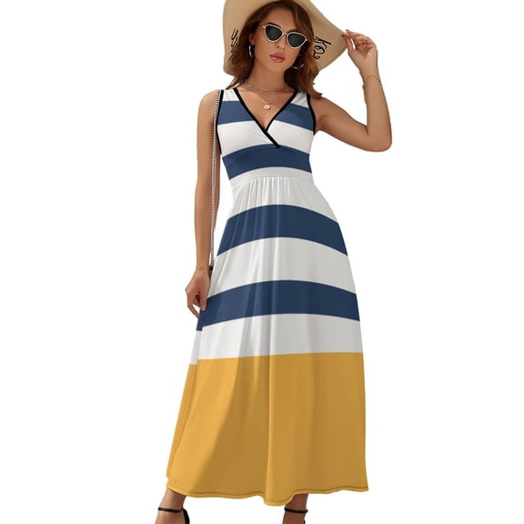 Blue And White Stripes with Yellow Sleeveless Dress Dresses Women Summer Evening Dresses Ladies Bohemia Long Dresses