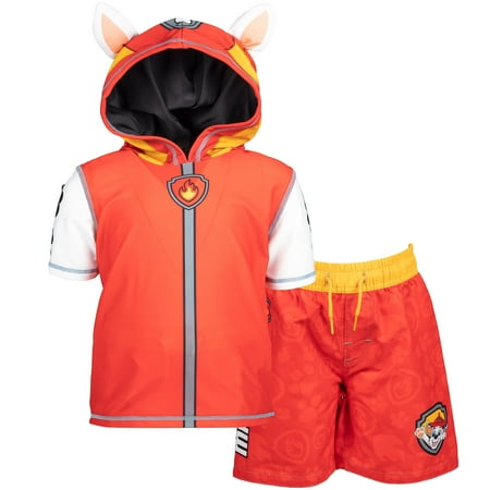 

Paw Patrol Marshall Toddler Boys Raglan Pullover Swim Rash Guard Swim Trunks Red 4T