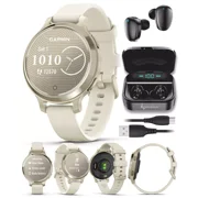 Garmin Lily 2 Active 38 mm Women Small and Stylish GPS Smartwatch Lunar Gold & Bone w Black EarBuds