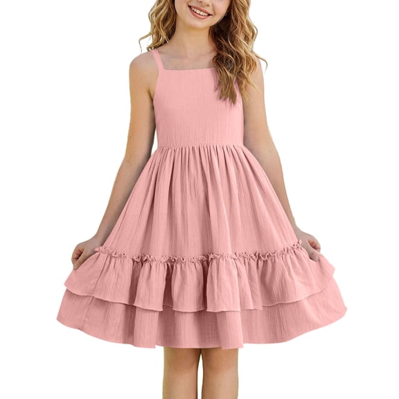 NAISIBABY Girls Ruffles Dress, Cute Tiered Spaghetti Strap Swing Summer Flowy Praty Princess Dress Pink Size 10