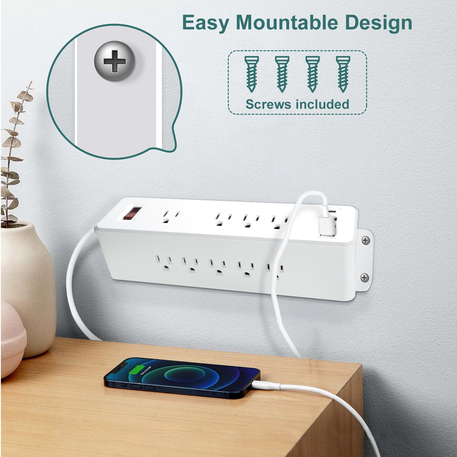 9 Outlets Wall Mount Power Strip with Fast Charge USB C, 13-in 1 Electrical Outlets