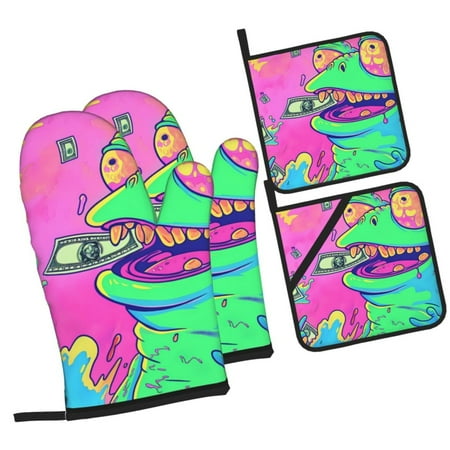 

Zufioo Psychedelic Cartoon Frog Oven Mitts and Pot Holders 4pcs Set Kitchen Oven Glove High Heat Resistant 500 Degree Extra Long Oven Mitts for Kitchen Baking Cooking