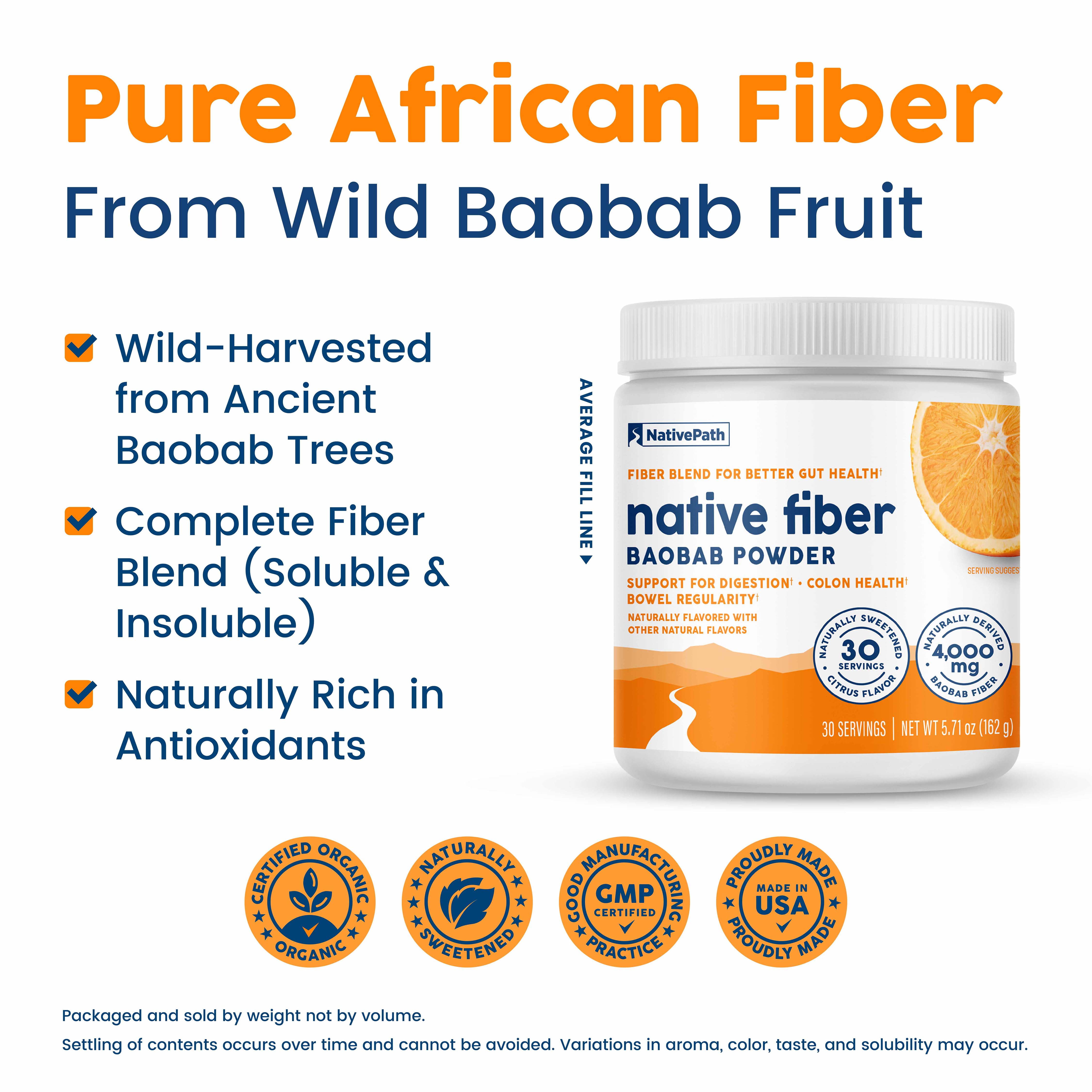 NativePath Organic Baobab Prebiotic Fiber Powder with L-Glutamine, Orange, Sugar-Free, 30 Servings