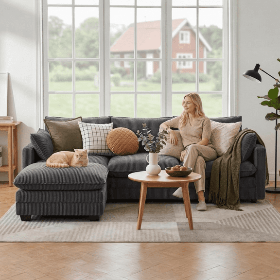 3 Seater Cloud Couches for Living Room L Shaped Sectional Sofa with Movable Ottoman Comfy Deep Seat Sofa with 2 Pillows for Living Room Bedroom and Apartment, Corduroy Fabric, Gray