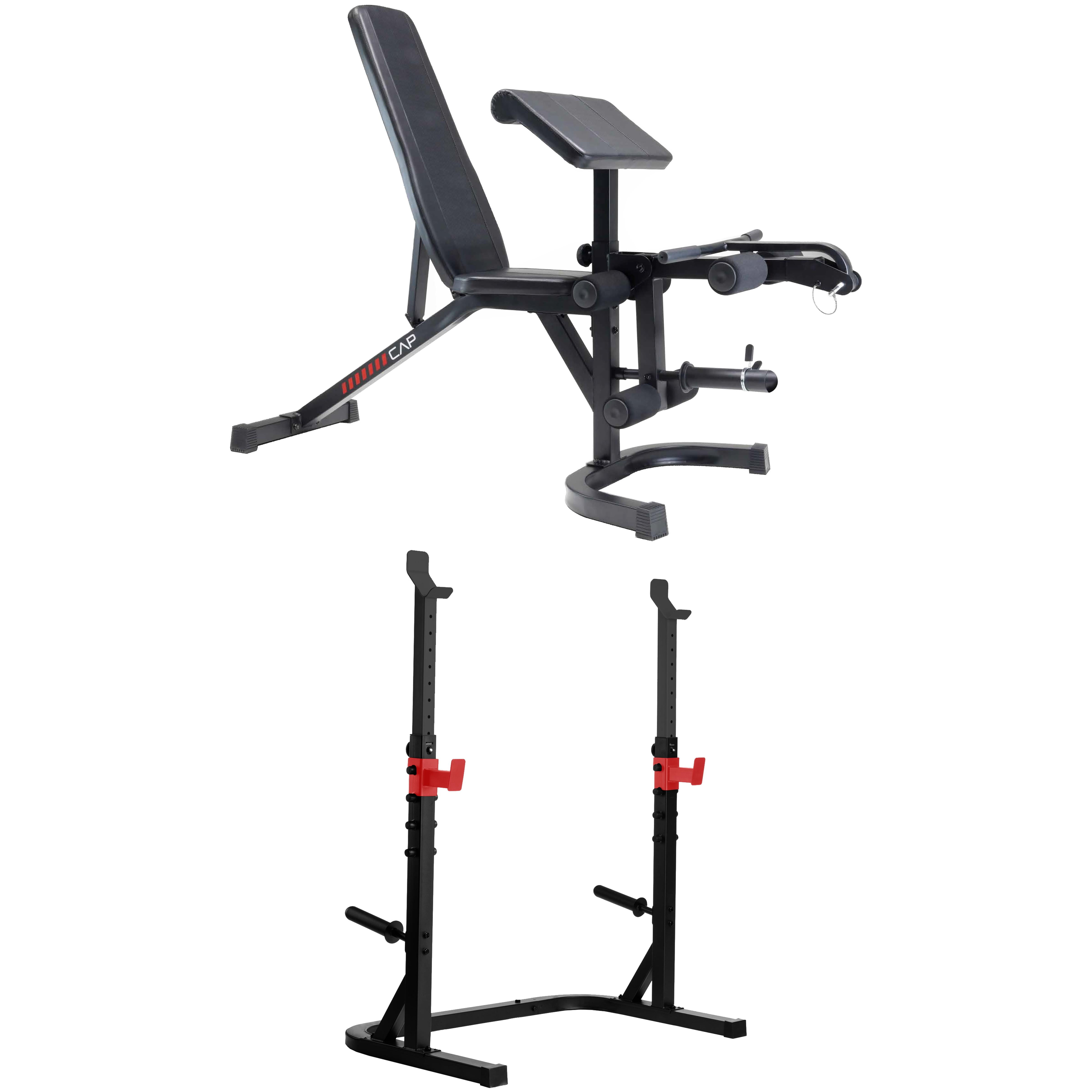 CAP Deluxe Adjustable Utility Weight Bench with Curl Attachment w/ Adjustable Olympic Squat Rack