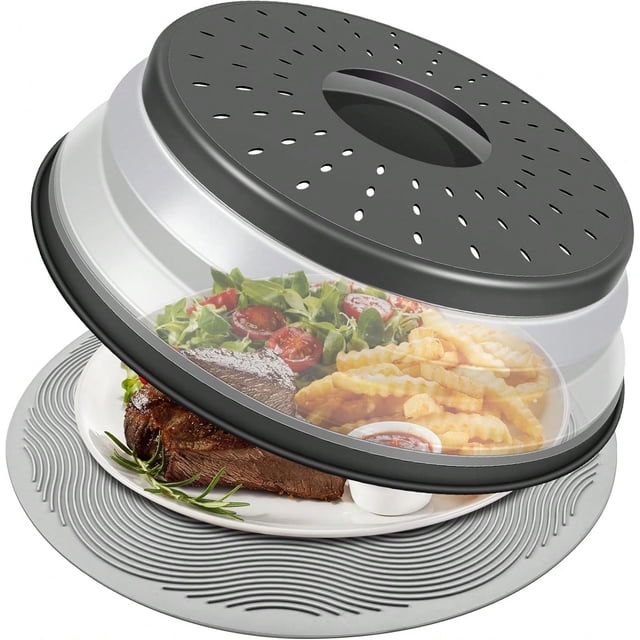 Tapa de microondas plegable con ventilación para alimentos, protector contra salpicaduras de microondas, cesta escurridora de frutas, gris