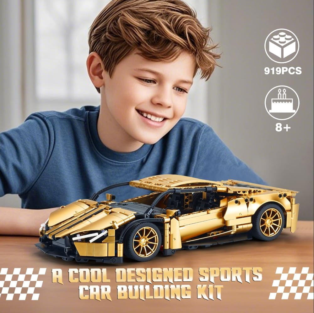 Sports Car Building Set for Adults - 1:14 MOC Toy Car Building Block, Racing Car Model Kit  (Gold)