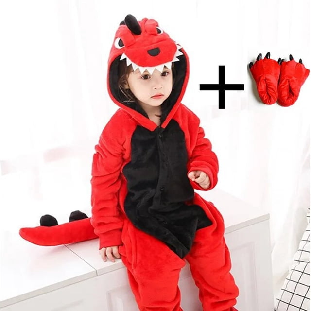 Conjunto de pijama de dinosaurio rojo Kigurumi para niños, mono de franela suave y cálida, traje de Cosplay de Animal rosa, ropa de fiesta para invierno