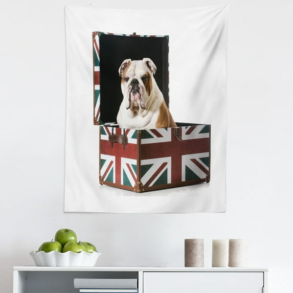 English Bulldog Tapestry, Bulldog Sitting in Union Jack Britain Themed Box Patriotic Design, Fabric Wall Hanging Decor for Bedroom Living Room Dorm, 5 Sizes, Multicolor, by Ambesonne