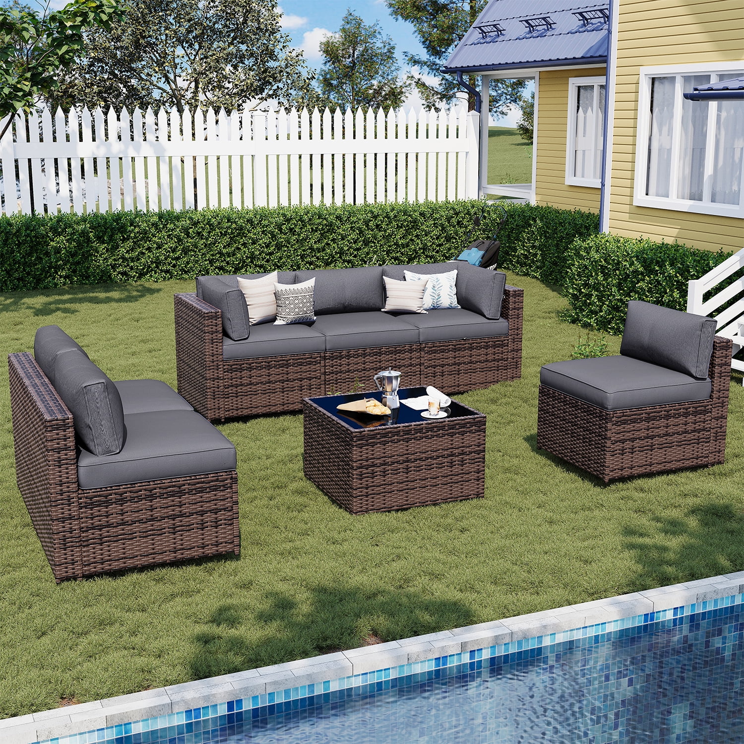 Sunmthink 7-Piece Wicker Patio Furniture Sets, Outdoor Conversation Set with 4 Inches Thick Cushions and Waterproof Cover
