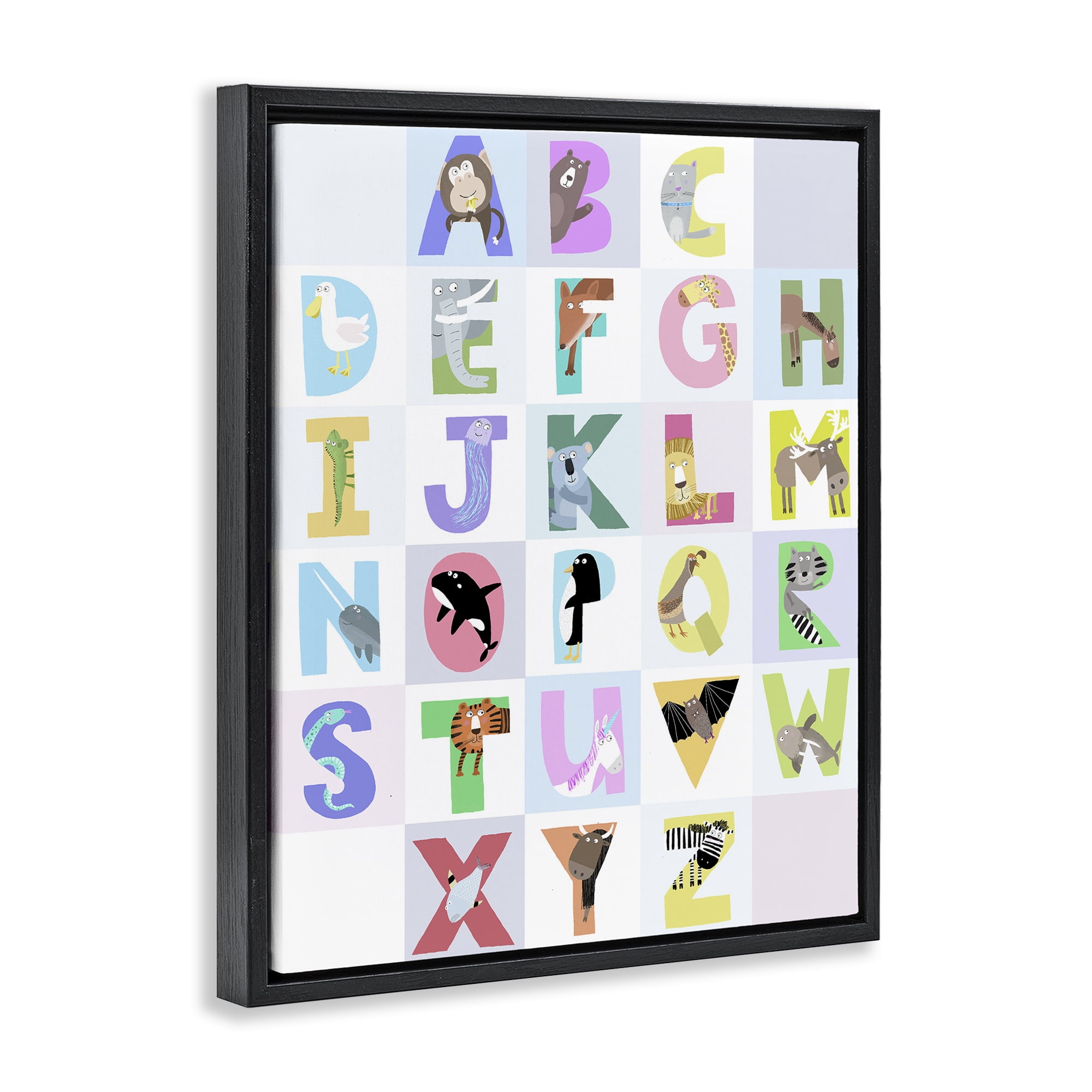 Stupell Industries Animal Alphabet in Light Grey Black Framed Floater Canvas Wall Art, design by Carla Daly