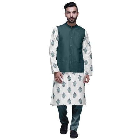 

Atasi Printed Kurta With Solid Pajama & Nehru Jacket Set For Mens Party Wear