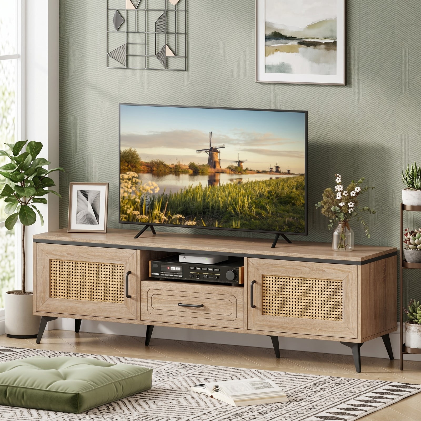 Furnibear Mid Century Modern Entertainment Center TV Stand for 65 Inch TV with 2 Cabinets, Storage Drawer and Cable Management, Faux Rattan Media Console with, Oak