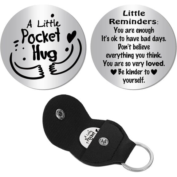 A Little Pocket Hug Token Long Distance Relationship Keepsake Engraved Stainless Steel Double Sided Pocket Token Coin with PU Leather Keychains for DIY Friends Family Inspirational Gift 1.2Inch