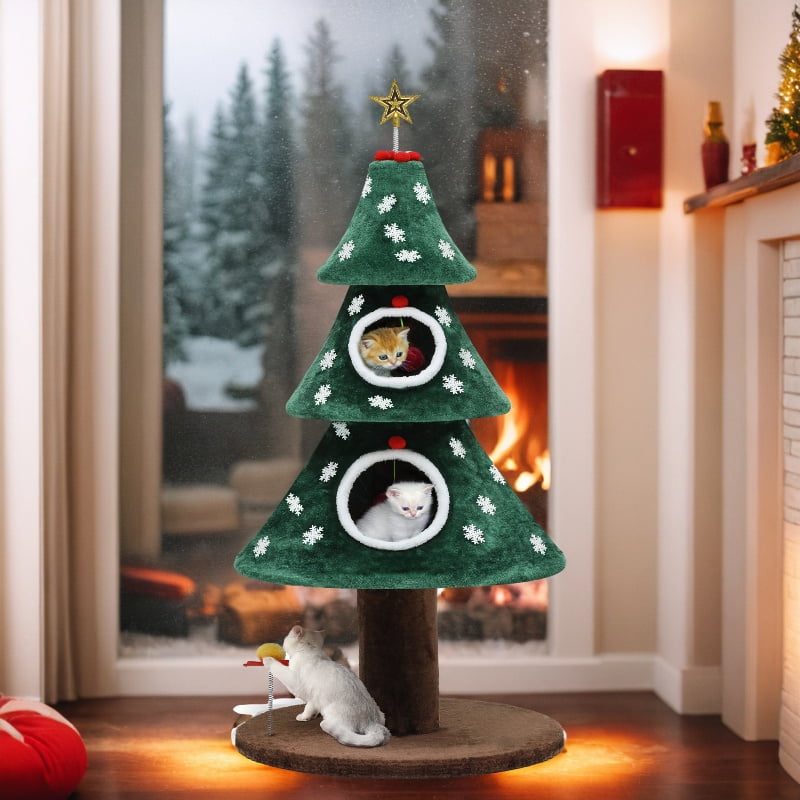 Dextrus 52" Cute Christmas Cat Tree - Festive 2-Tier Cat Tower with Cat Teaser Toy,Kittens Play Activity Center,Cat Furniture for Christmas Decoration