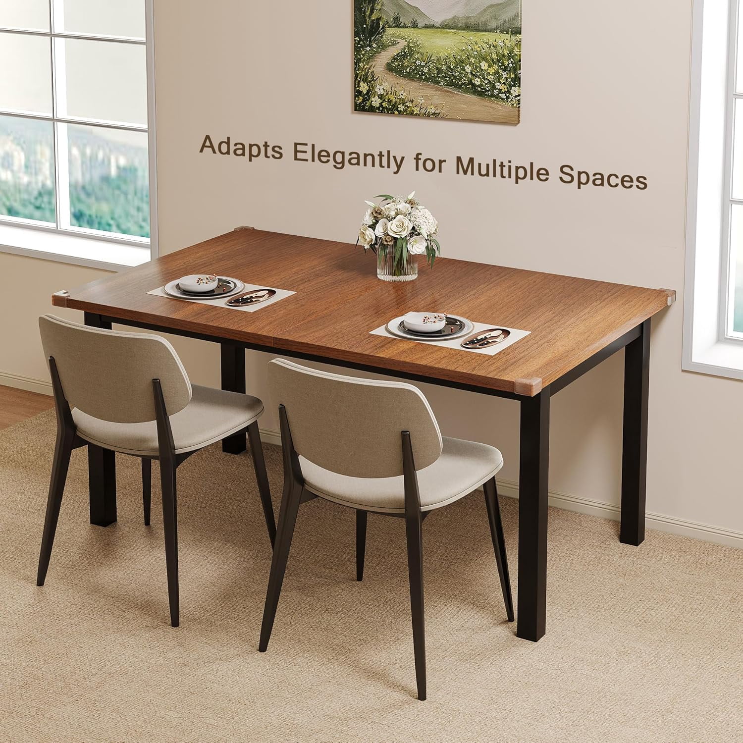 Honfach 63" Extendable Dining Table for 4-8, Square Wooden Dining Room Table with Metal Base, Modern Extendable Table for e for Small Kitchens, Dining Office Areas, Walnut