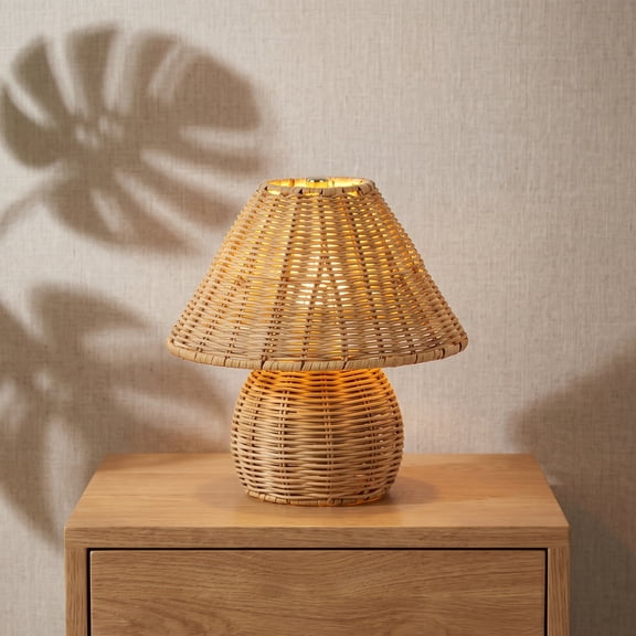 9in Bamboo Table Lamp Handmade, Boho Rattan Bedside Nightstand Light for Bedroom