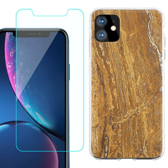 For Apple iPhone 11 Case , Slim-Fit TPU Protective Phone Case with Tempered Glass Screen Protector, by OneToughShield ® - Marble / Earth