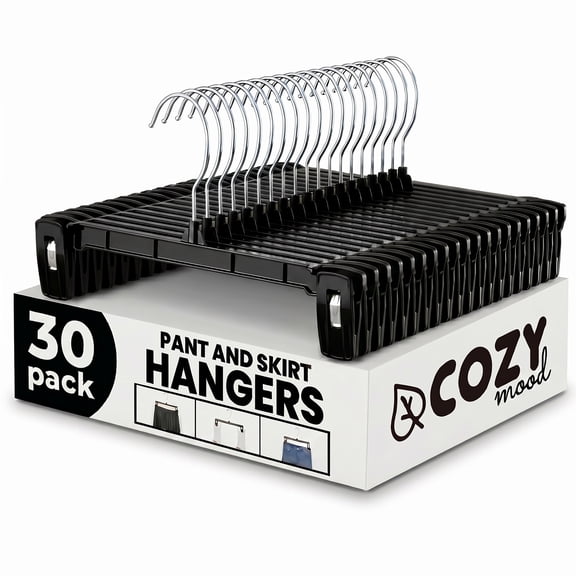 Cozymood 30 Pack Pants Hangers, 12 inch Plastic Clothes Hangers with Clips for Skirts, Shorts & Trousers, Heavy Duty Space Saver with Swivel Hook