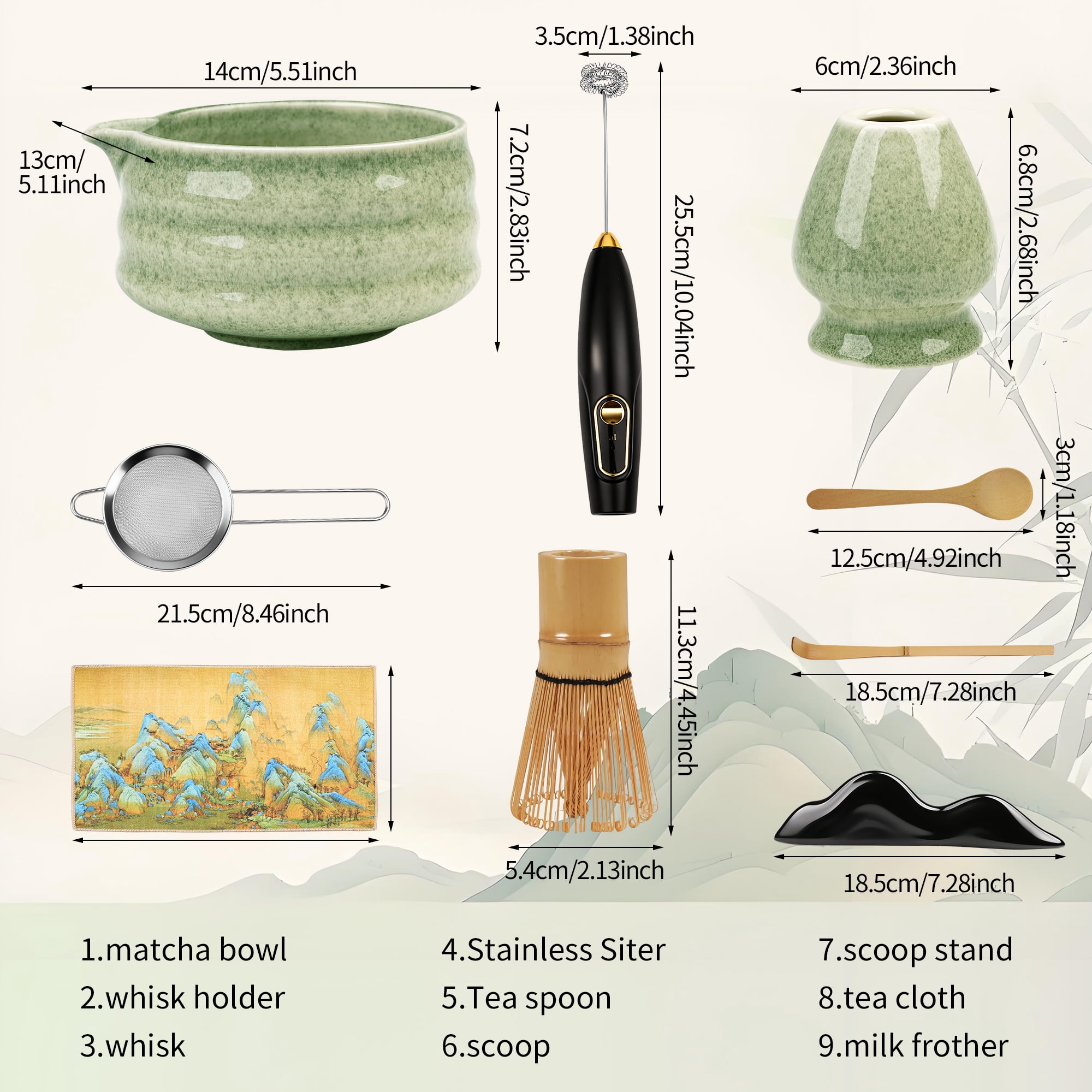 Matcha Whisk Set, Ceramic Matcha Set Includes Matcha Bowl, Matcha Whisk and Holder, Bamboo Scoop, Scoop Rest, Matcha Sifter Tea Towel and Milk Frother - 8 Pcs Matcha Tea Kit for Matcha Lovers