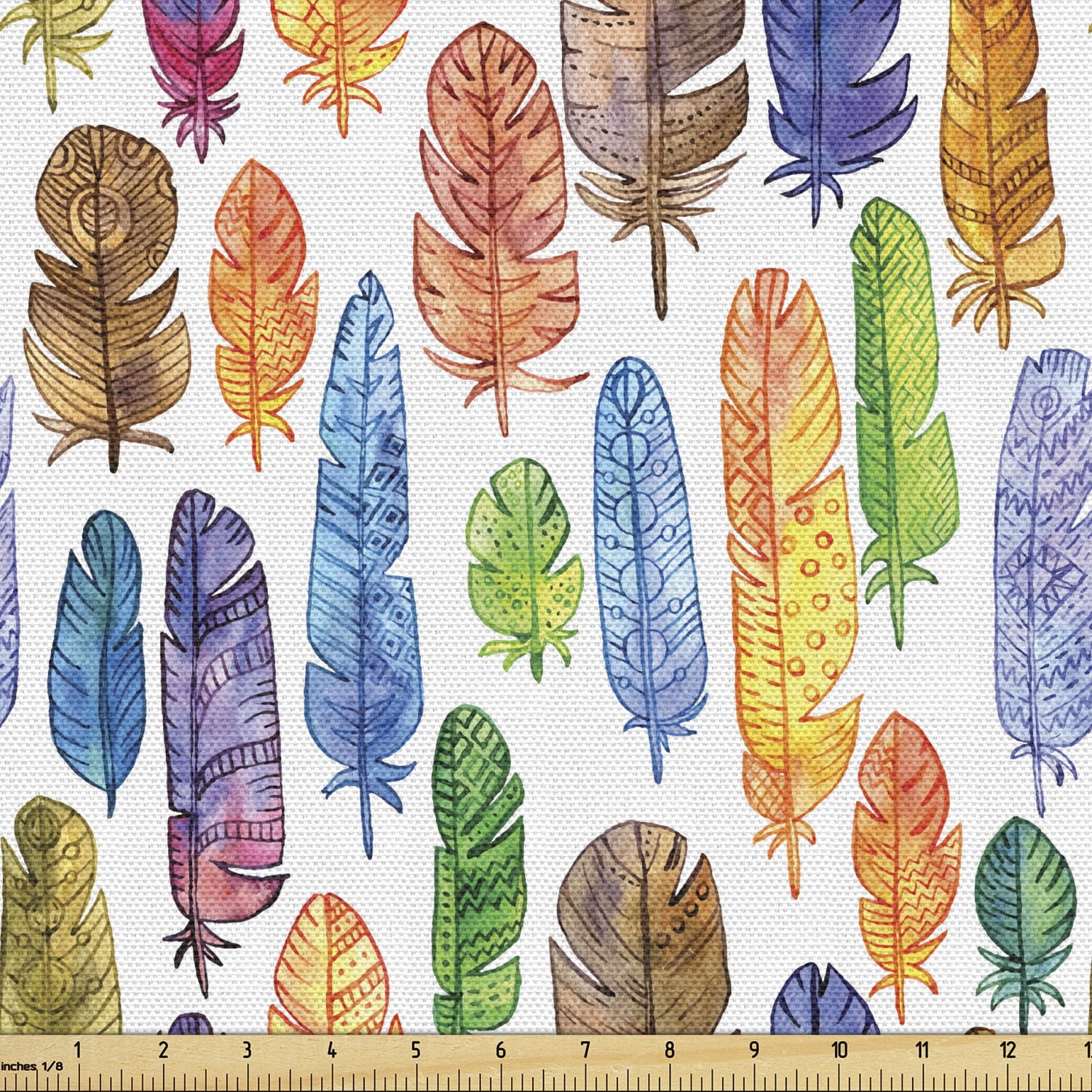 Feather Fabric by the Yard, Pattern with Watercolor Drawing Style