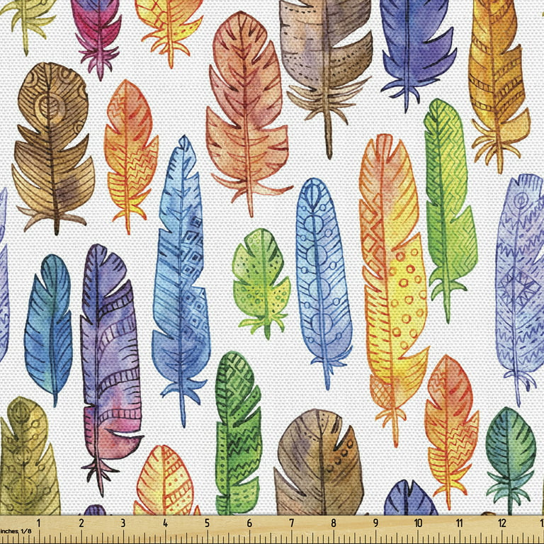 Feather Fabric by the Yard, Pattern with Watercolor Drawing Style Feathers  with Motifs Art, Decorative Upholstery Fabric for Chairs & Home Accents, 1 
