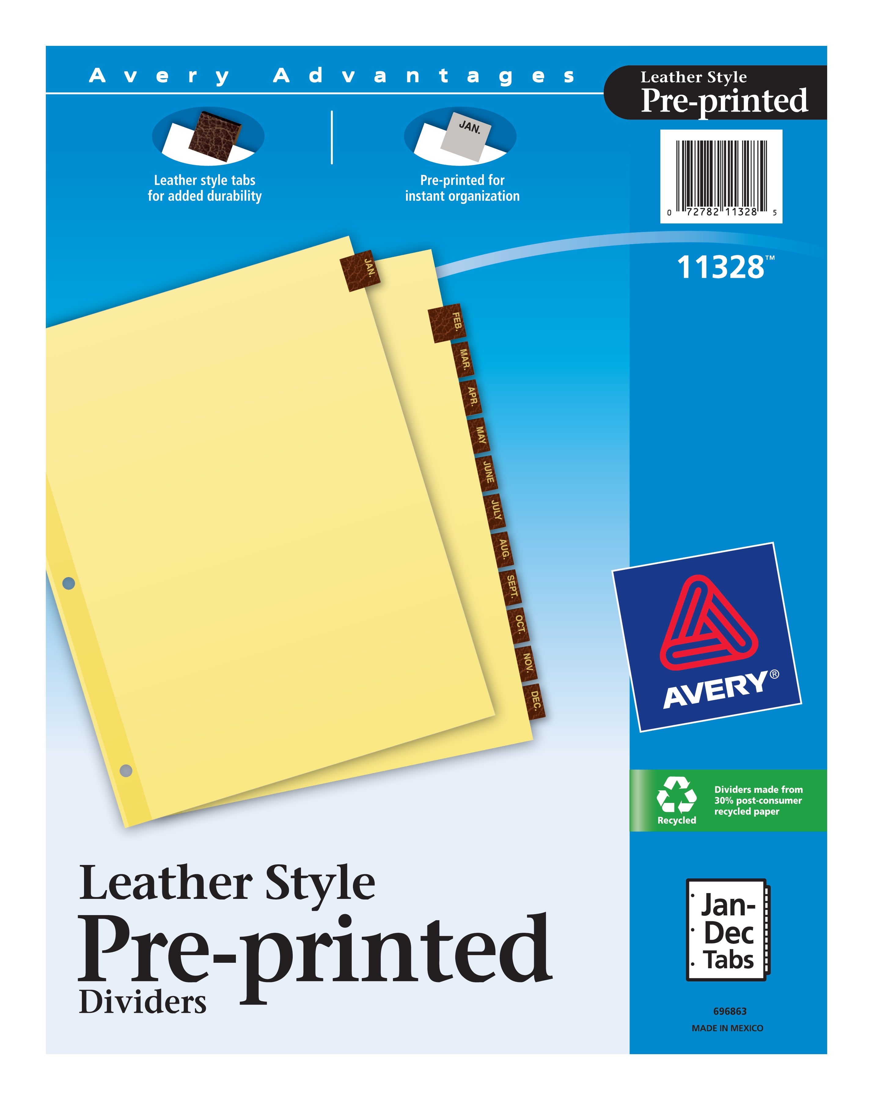Avery Preprinted Red Leather Tab Dividers, Clear Reinforced Binding Edge, 12-Tab Set, Jan-Dec (11328)
