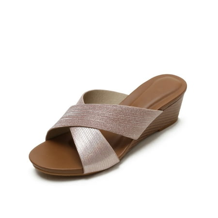 

Lacyhop Womens Foobeds Summer Sandals Bohemian Wedge Sandal Indoor Outdoor Comfort Slides Ethnic Slip On Casual Shoes Champagne 9