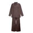 thumbnail image 6 of Cagogo Women's 2 Piece Long Sleeve Shirt Wide Leg Pants Set Casual Lounge Outfits Solid Collared Top Matching Lounge Set Airport Travel Clothes, Coffee XL, 6 of 6