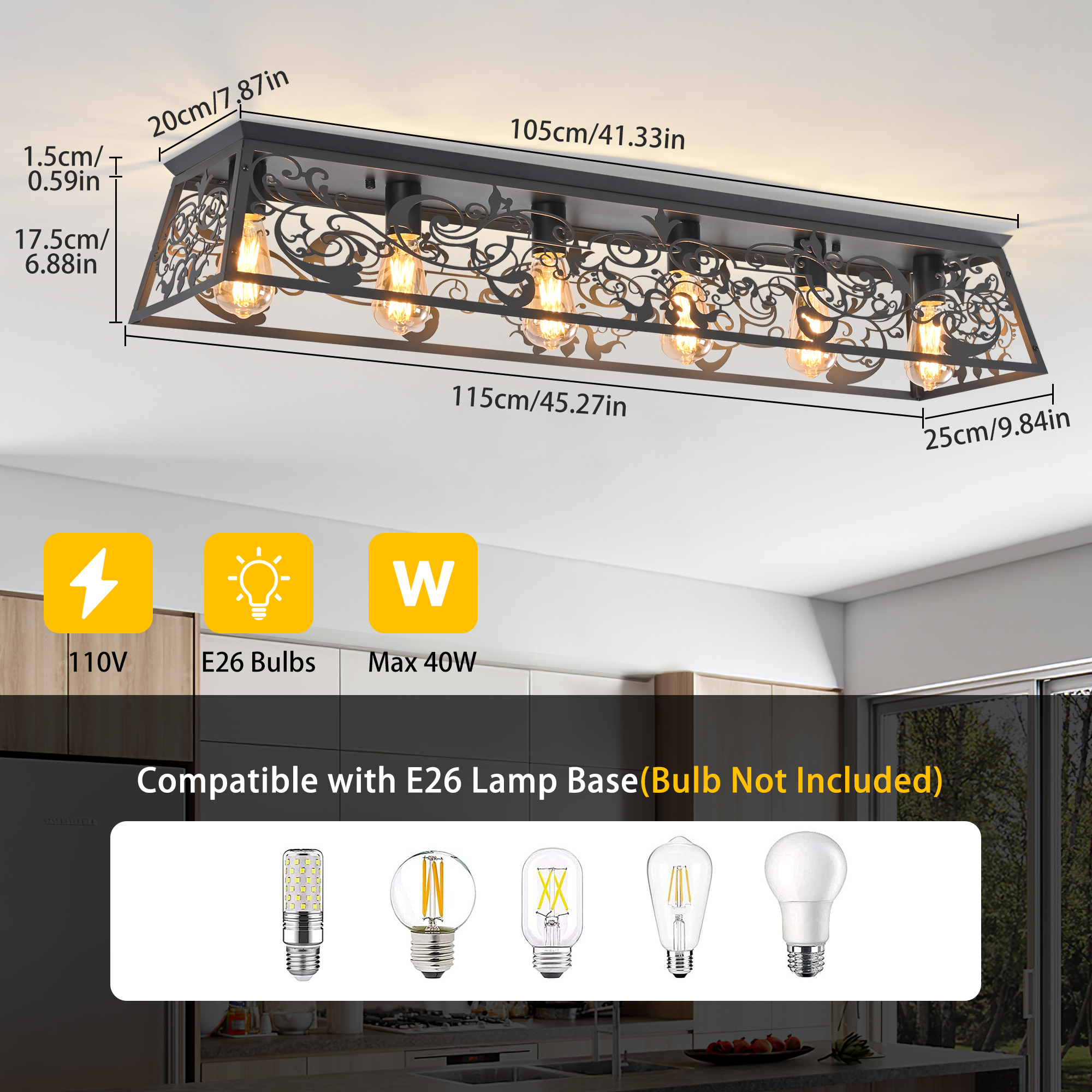Garwarm 45.27 in. 6-Light Black Flush Mount Ceiling Light, Farmhouse Industrial Metal Shade Ceiling Light Fixture for Kitchen Island Hallway Entryway