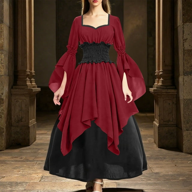 Amzcrzy Robes pour Femmes Vintage Couleur Unie Robe Médiévale Tunique à Manches Longues Robe Victorienne pour Femmes Tunique Décontractée Robes pour Femmes G