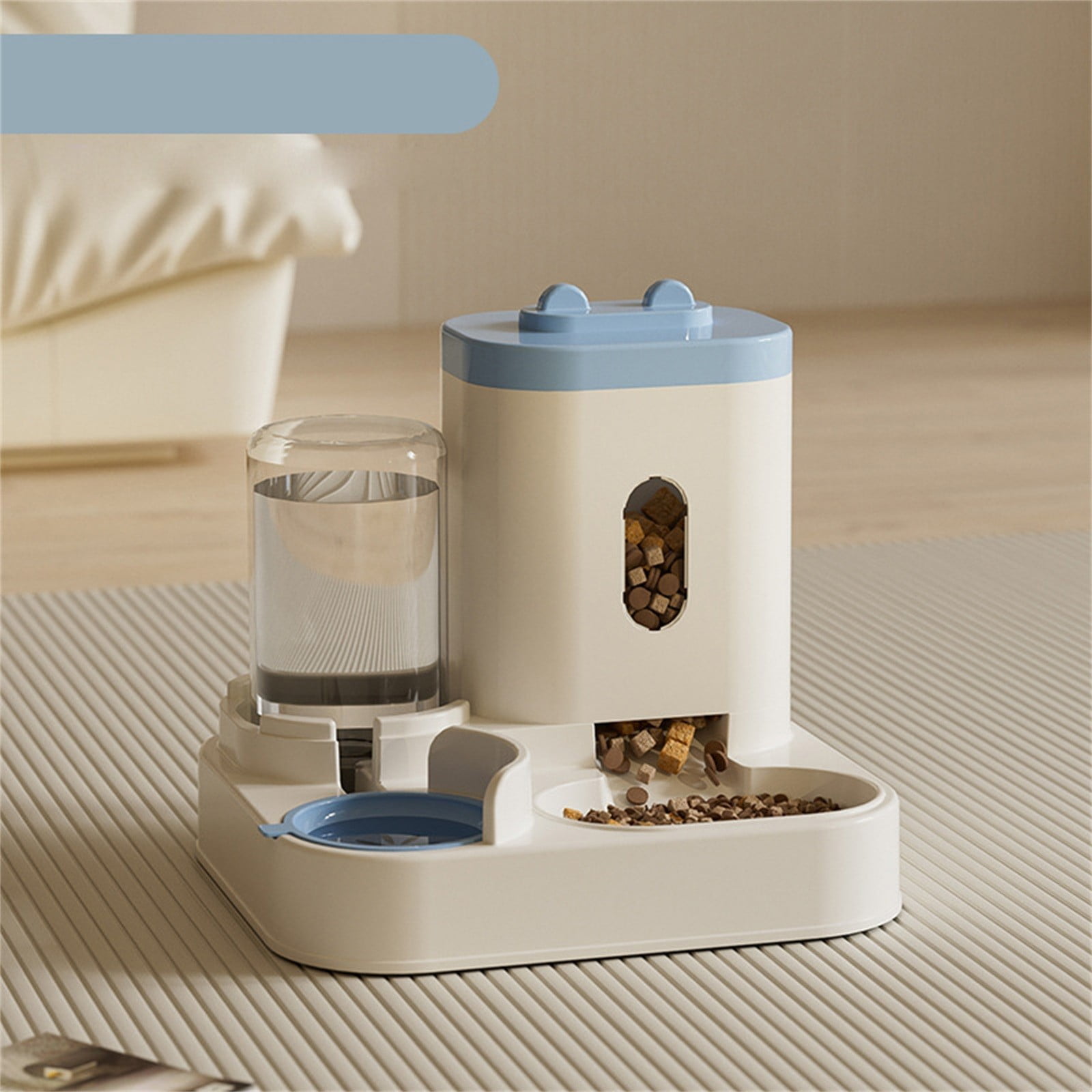 Automatic Pet Feeder and Water Dispenser, Gravity - Fed Food and Water Bowl with Visible Window, for Cats Dogs - Blue