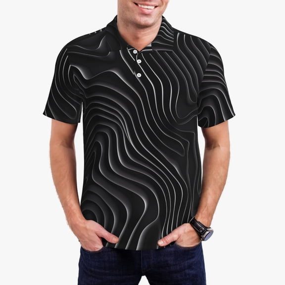 Vsdgher Abstract Black And White Waves Polo Shirts for Men, Men's Short Sleeve Stretch Polo Shirt, Shirts for Men-Small