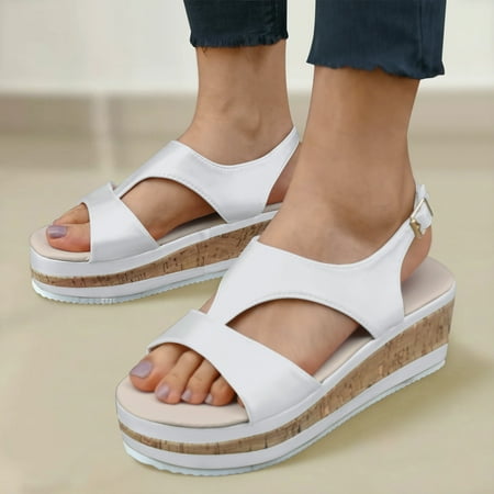 

TOWED22 Wedges For Women Women s Wedge Sandals Open Toe Slip on Elastic Strap Sandals Concise Summer Beach Sandal Shoes White