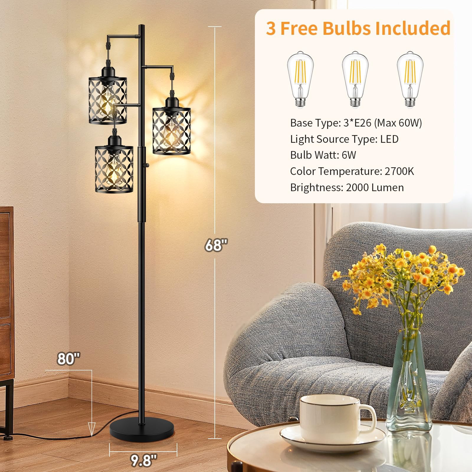 68" Dimmable Floor Lamp  Farmhouse Standing With Elegant Metal Cage Industrial Tall Tree Lamps For Living Room Bedroom Study Office (2000lm Led Bulbs Included) - Black