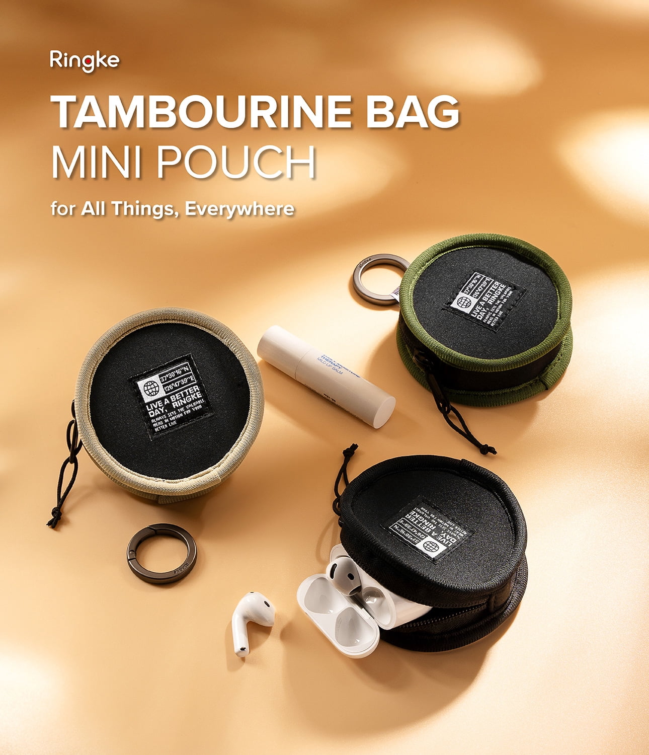 Ringke Tambourine Bag for Universal Earphone AirPods Pro Galaxy Buds Cards, Durable Small Round Carrying Mini Pouch with Key Ring Accessories - Olive Green