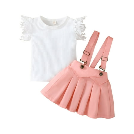 

Toddler Girls Outfit Lace Ruffles Fly Sleeve Solid Ribbed T Shirt Tops Suspenders Skirt Outfits Clothing For Girl