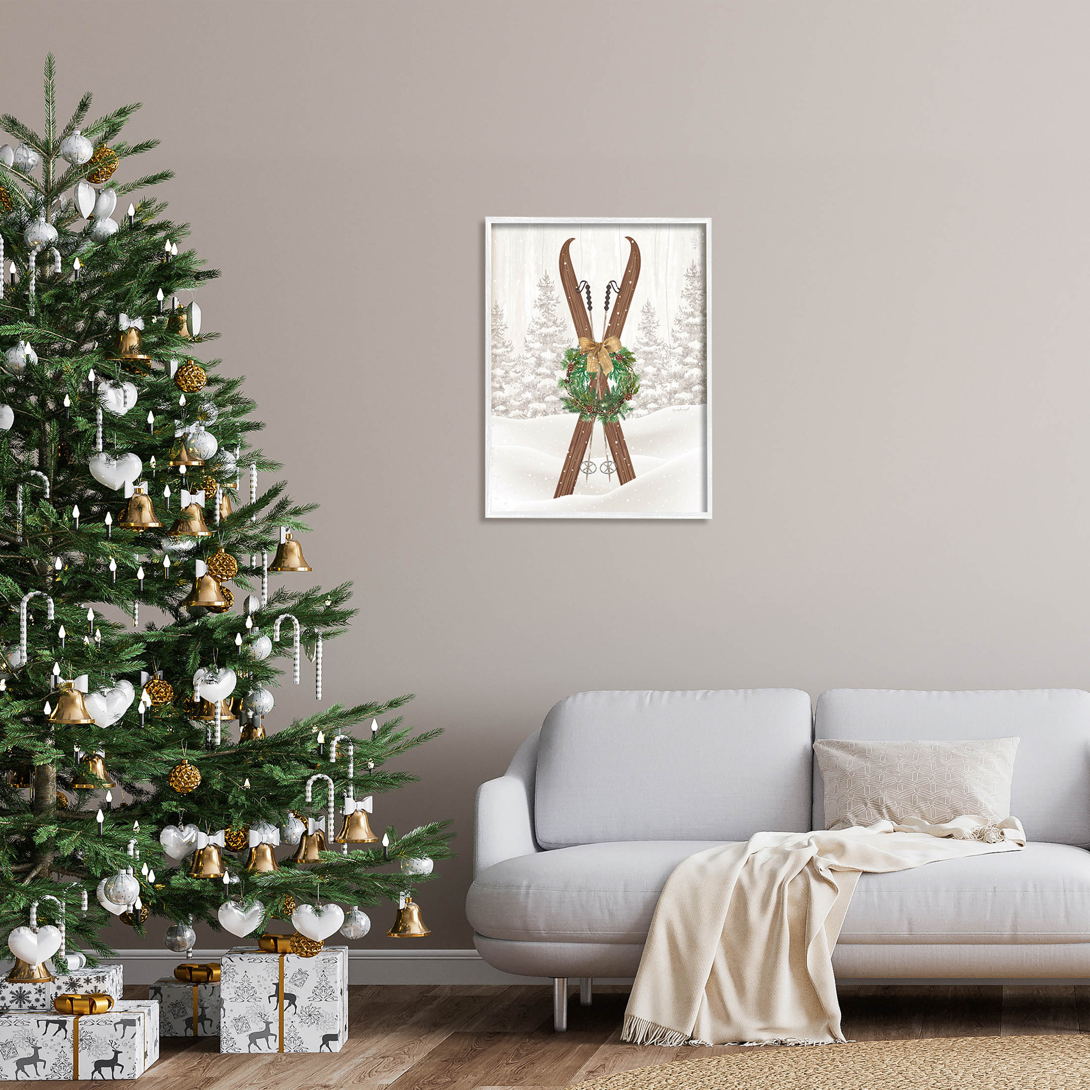 Stupell Industries Winter Skis Holiday Wreath Graphic Art White Framed Art Print Wall Art, Design by Jennifer Pugh