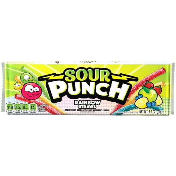 Sour Punch Straws Rainbow Assorted Candy, 3.2oz Movie Tray