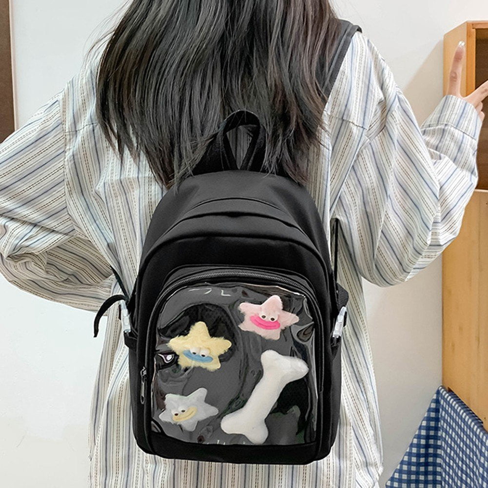Slccxzc Black Ita Bag with Clear Windows Nylon Rucksack Casual Backpack for Women